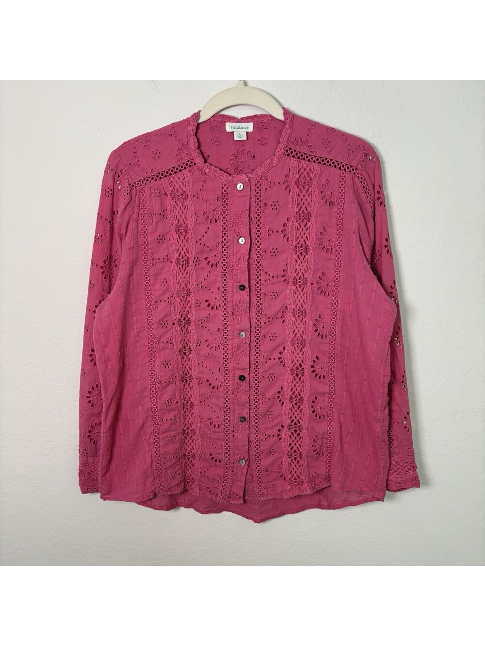 Sundance 100% Cotton Pink Women’s Button Up Eyelet LS Blouse Western Boho Sz L